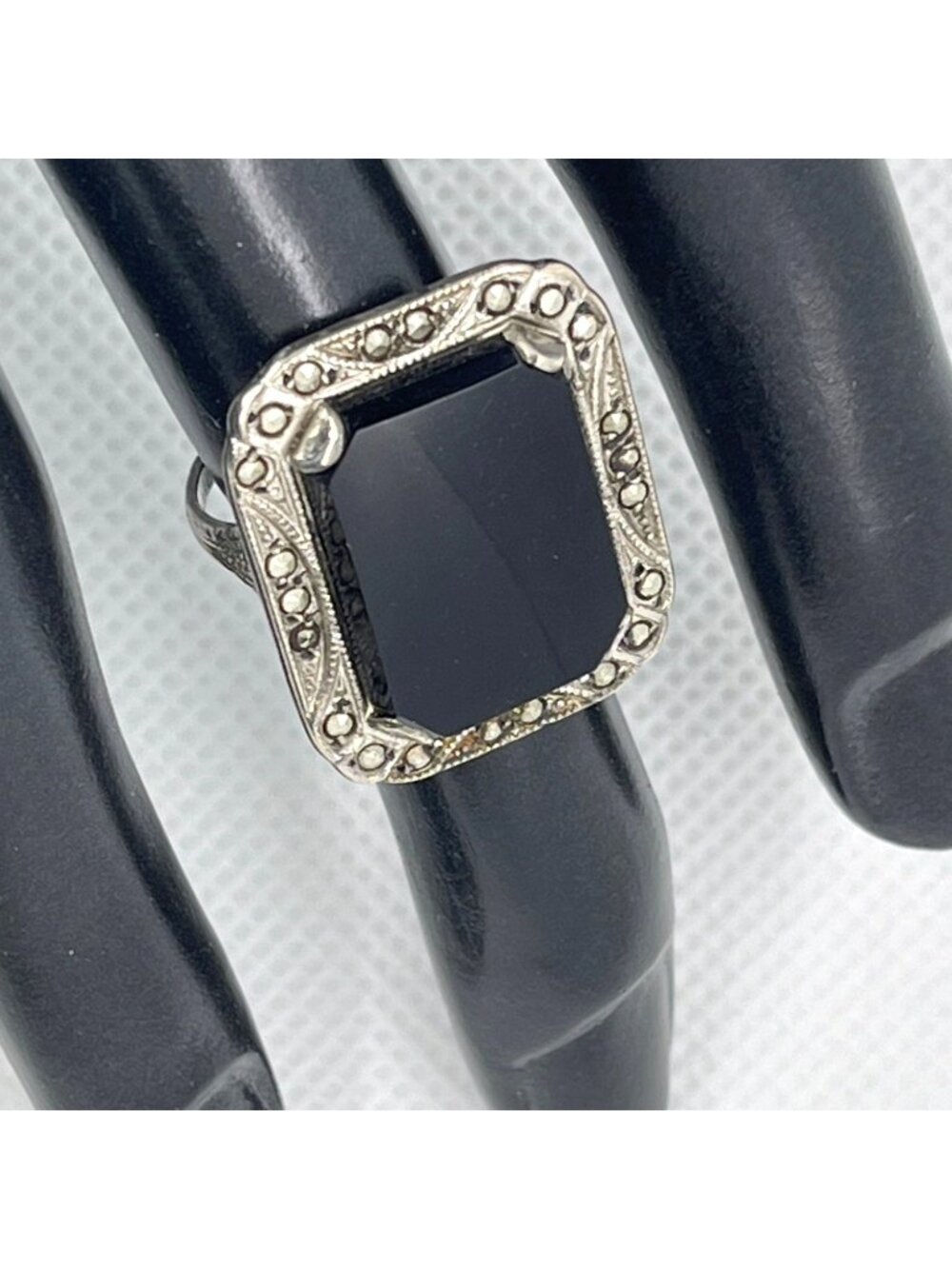 Art Deco Ring Black Onyx Marcasite Sterling Silver Statement Estate Size 6.25 - Picture 11 of 12
